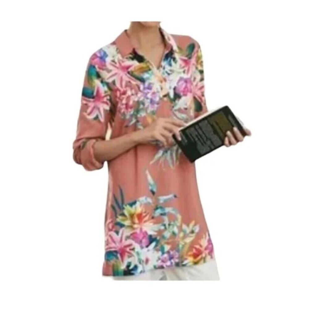 Soft Surroundings Womens M Florentine Garden Top Button Front Long Sleeve Tunic